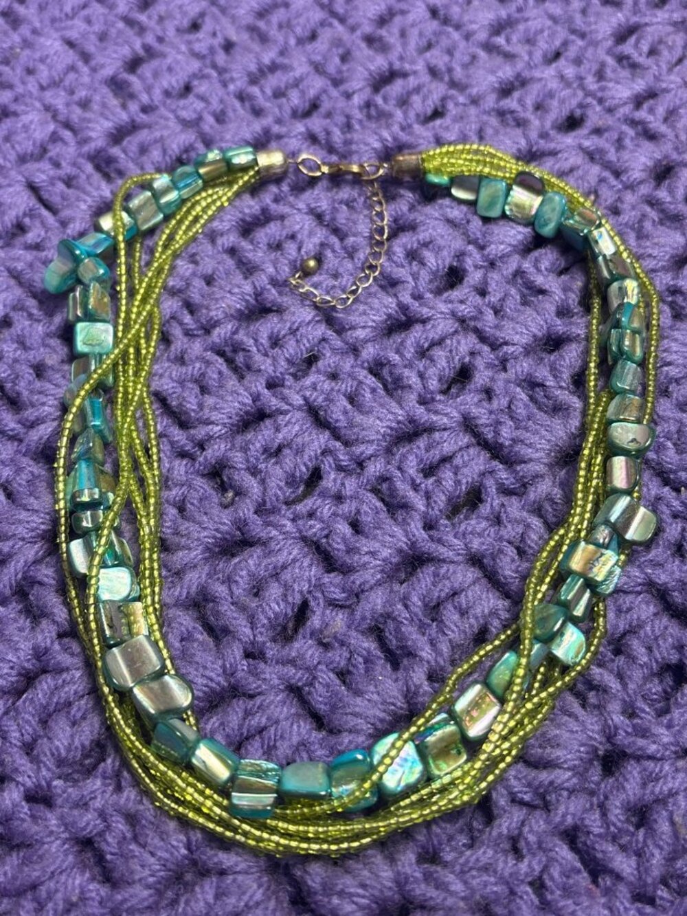 Green Blue Glass Seed Bead Dyed Shell Multi Strand Necklace 16 - 18 inches Long